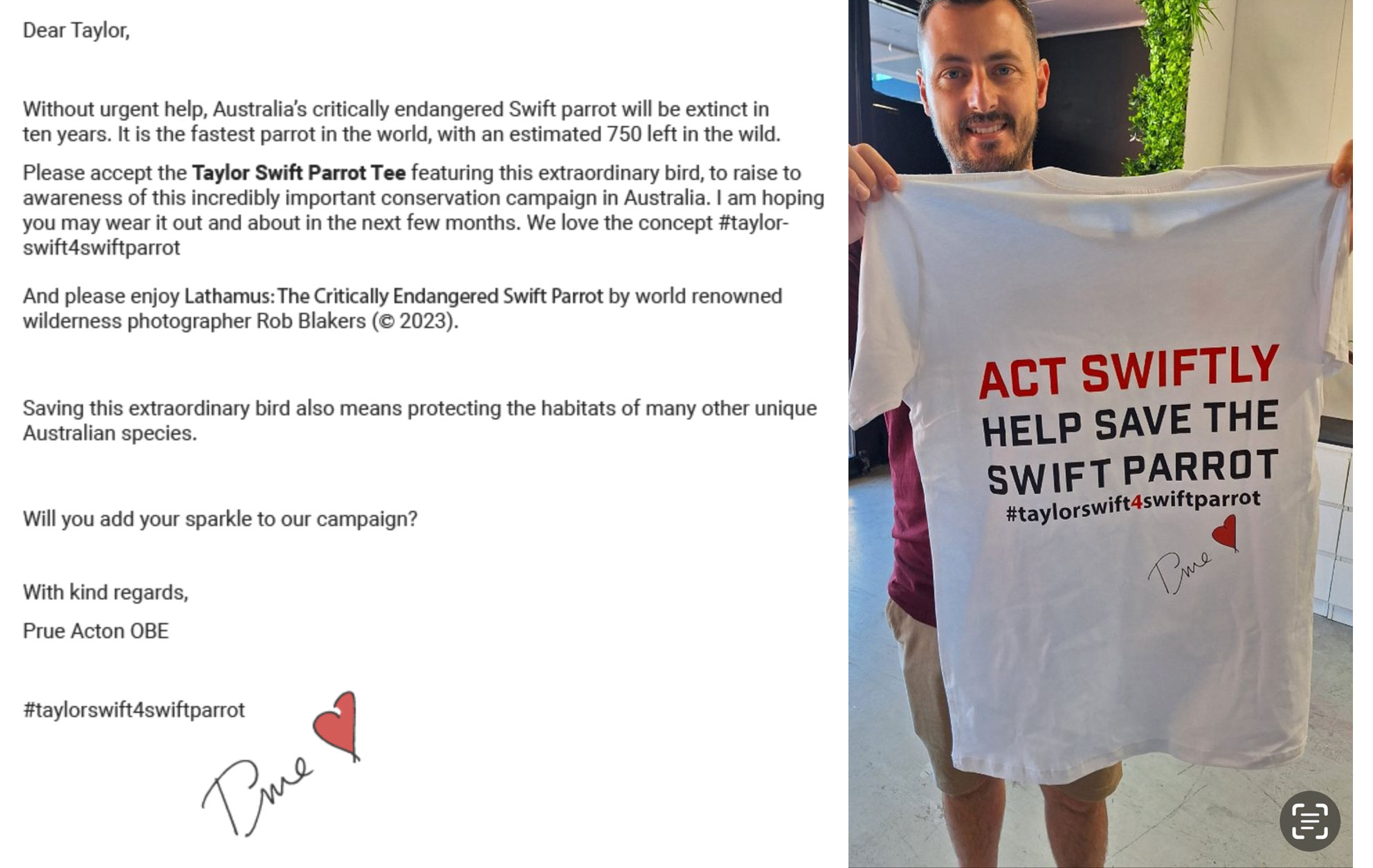 Prue Acton's email to Taylor Swift and Prue's t-shirt design to save the Swift Parrot