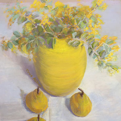 Wattle #3 Yellow, Vase, Pears. Image 460x545mm Framed 690x795mm. $4300.00